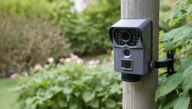 Trail-Camera-Strapped-to-Fence-Polse-for-Home-Security